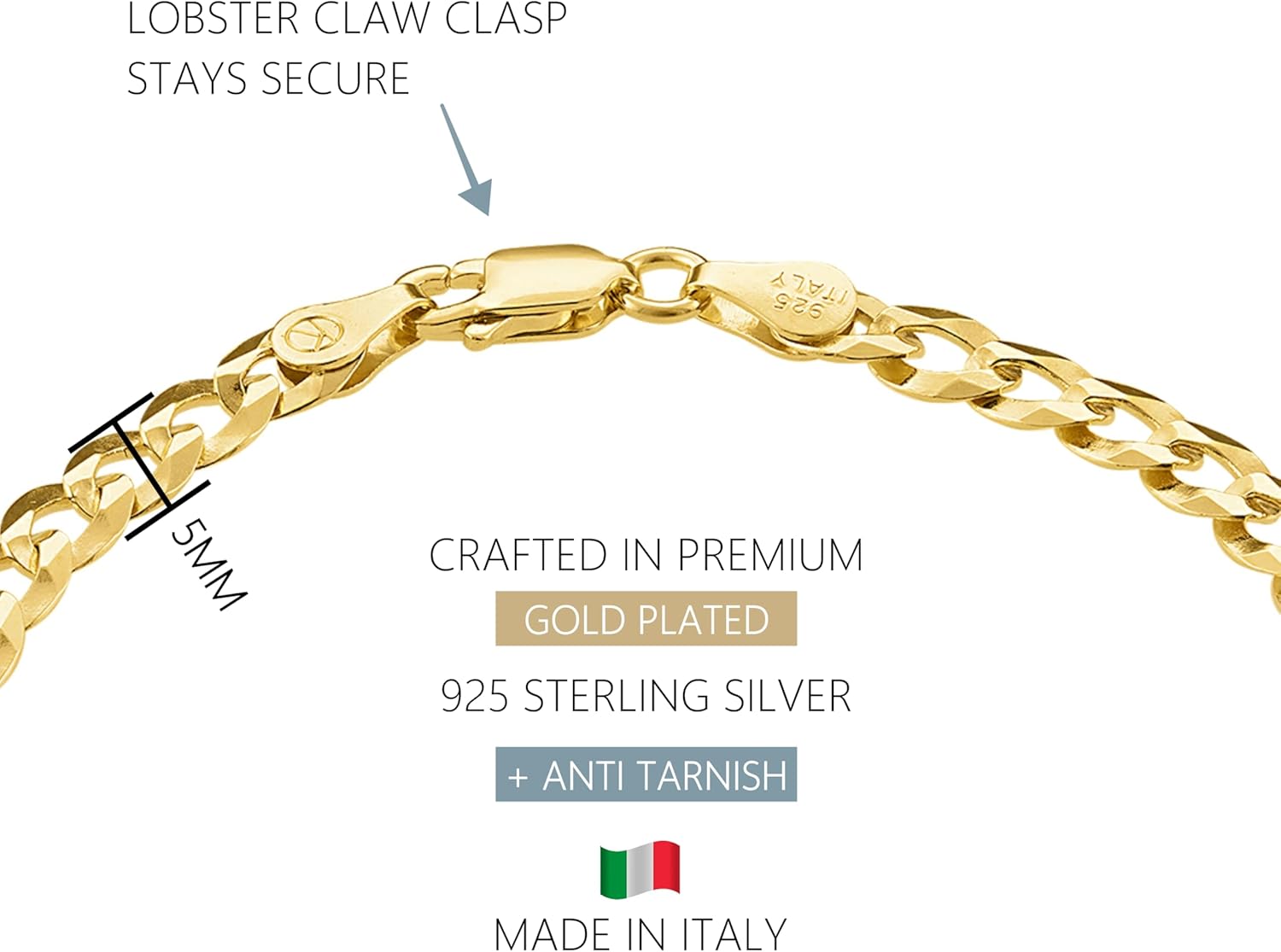 KISPER Mens Gold Bracelet 18K Gold Plated 925 Sterling Silver - 5mm Cuban Link Curb Chain & Figaro Link Bracelets for Men - Sizes 6.5,7,8,9 Inch - Image 3