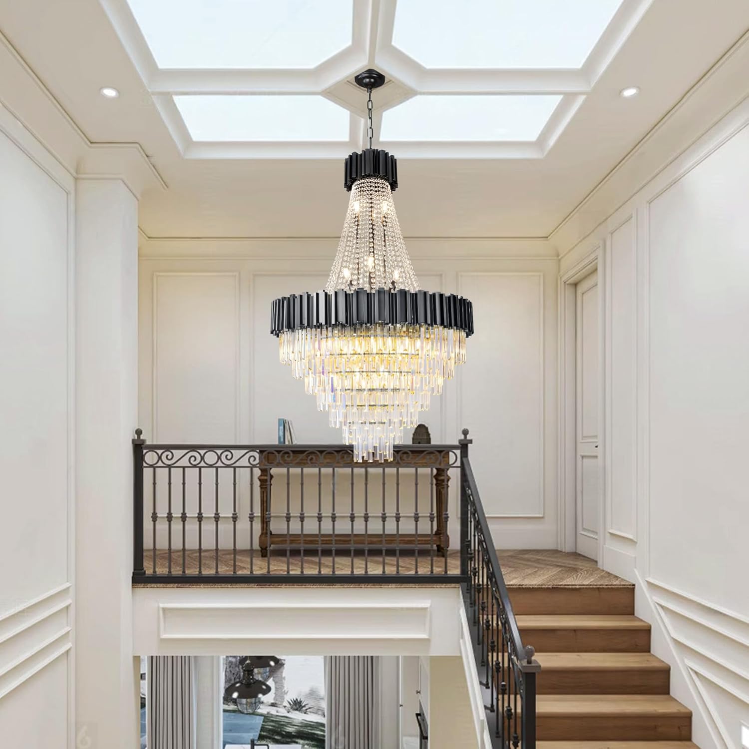 54" Black High Ceiling Chandelier, 21-Light Modern Crystal Large Chandeliers for High Ceilings, Staircase, Foyer, Entryway, Living Room, Luxury K9 Crystal Tiered Chandelier Light Fixture