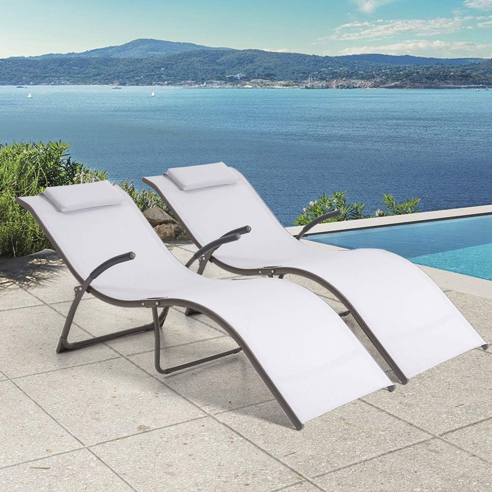 Crestlive Products Patio Chaise Lounge, Set of 2 Folding Outdoor Lounge Chairs, Pool Sunbathing Chairs with Headrest All Weather Furniture for Outside in Brown Finish(2PC Beige) : Patio, Lawn & Garden