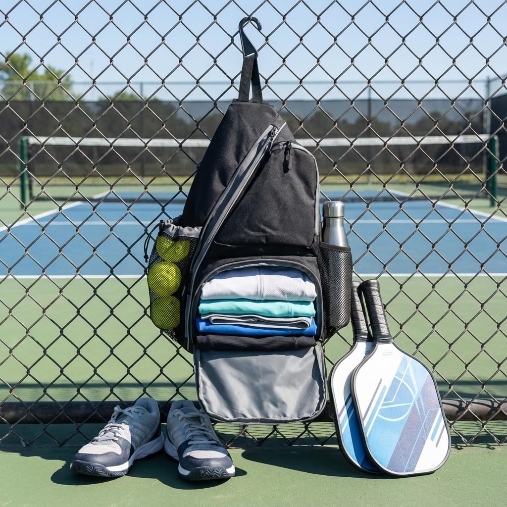 Pickleball Sling Bag with Shoe Compartment for Men Women, Professional 2-3 Paddle Backpack, Large Capacity Bag with 36oz Water Bottle Pocket & Fence Hook