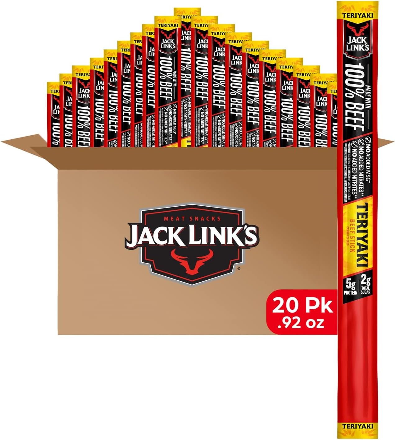Teriyaki Beef Jerky Sticks - Made with 100% Real Beef - Ready to Eat Real Meat Protein Snacks - 5g Protein per Serving - (20 Count) 0.92 oz Meat Sticks