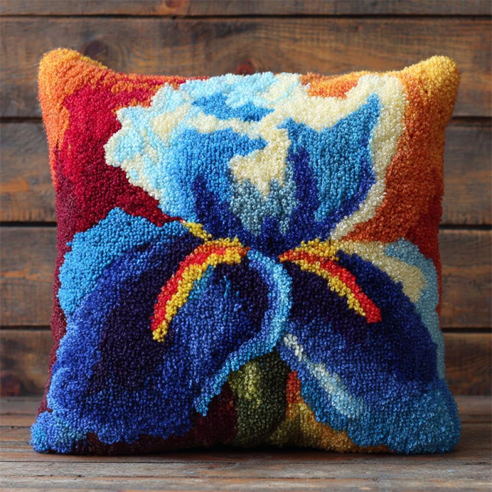 Kitquiver Flowers Latch Hook Cushion Kits Purple Iris DIY Tapestry Throw Pillow Cover Needlepoint Cushion Kits for Home Décor Needlework Kit for Beginners 17x17In