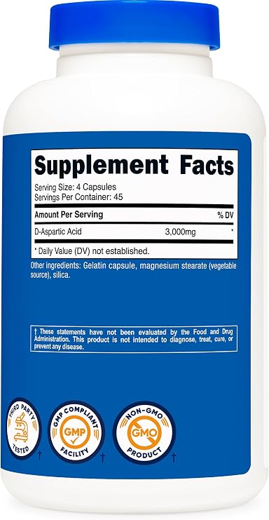 Nutricost D-Aspartic Acid (DAA) Capsules 3000mg Per Serving (180 Capsules) - Non-GMO