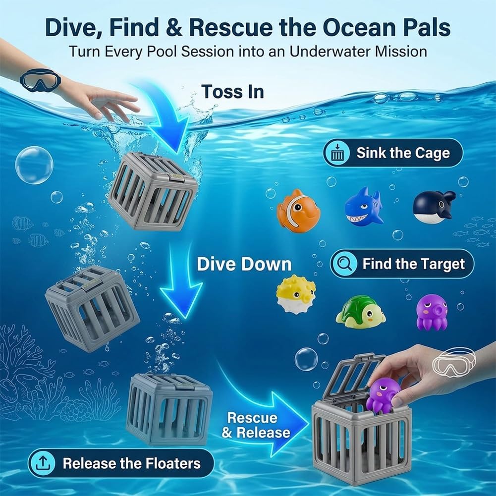 Pool Diving Toys, Underwater Dive Rescue Game Set with Pool Toy Cage and Floating Ocean Pals, Dive Treasure Hunt Water Play for Swim Training, Beach Lake Bath Summer Party Gift(2Set)