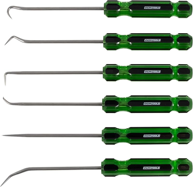 OEMTOOLS 26545 6 Piece Hook And Pick Set With Acetate Handle, Hook Tool And Pick Tool, Vehicle Pick And Hook Set, Pick Tool Set For Mechanics | Pick Tool Set For Mechanics, Stainless Steel Blades, Solvent Resistant Acetate Handles, Corrosion Resistance, 7.5" Length