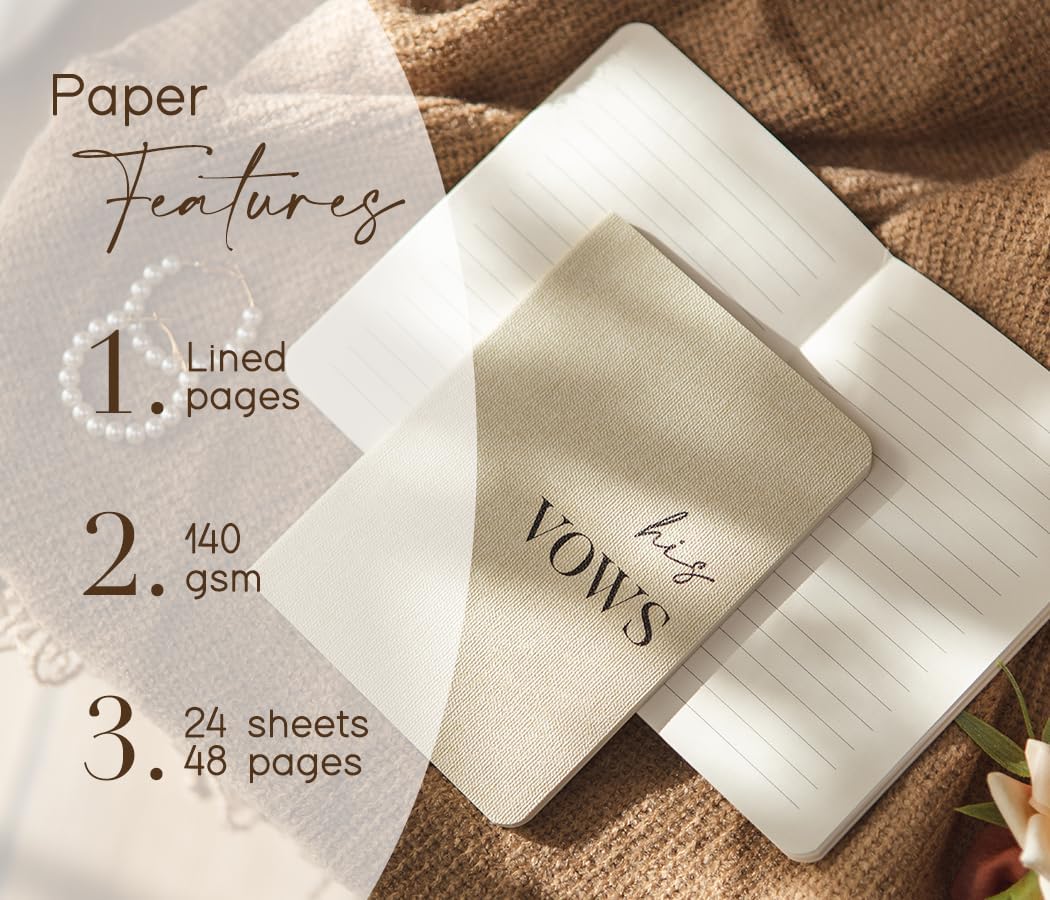 Slim Vow Books (Set of 2 - Design 1) - Soft Cream Canvas Linen Textured Cover Wedding Vow Booklets, Ceremony Speech Promise Notebook Journal, Gift for Newly Engaged Couple, 48 Lined Pages, 5.75" x 4"