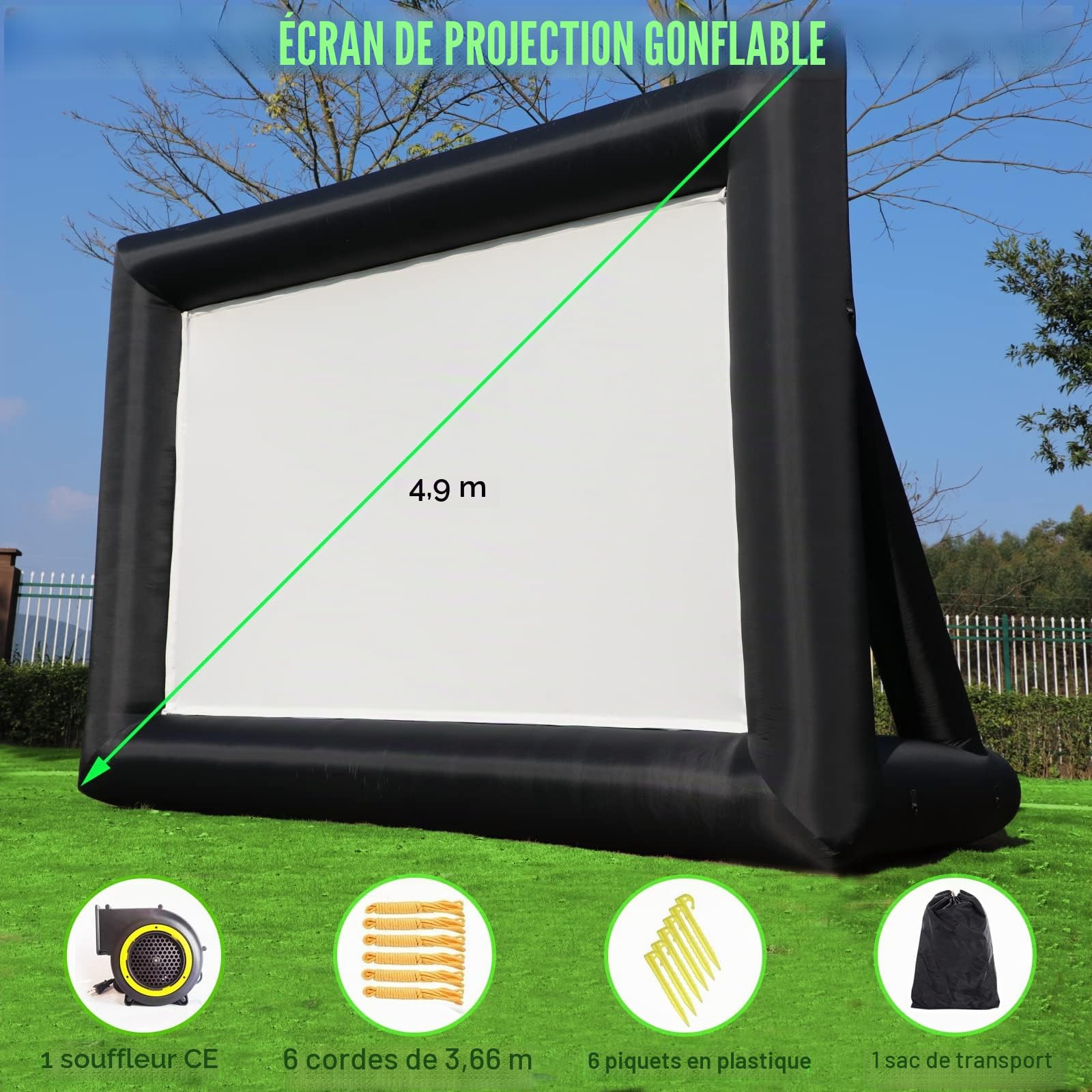 Écran de projection gonflable de 4,9 m pour intérieur et extérieur avec sac de transport pour projection avant et arrière