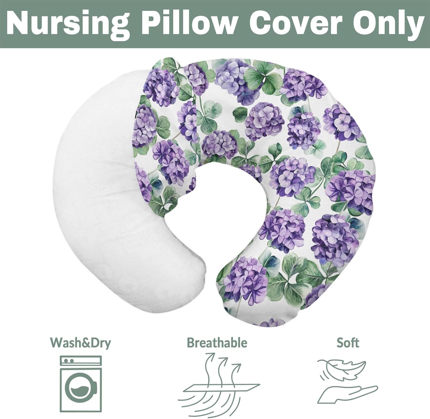 Purple Wildflowers Watercolor Baby Nursing Pillow Covers for Boy Girl Retro Hydrangea Floral Leaves Nursery Slipcovers for Breastfeeding Pillows Spring Garden Soft Stretchy Cover for Newborn Infant