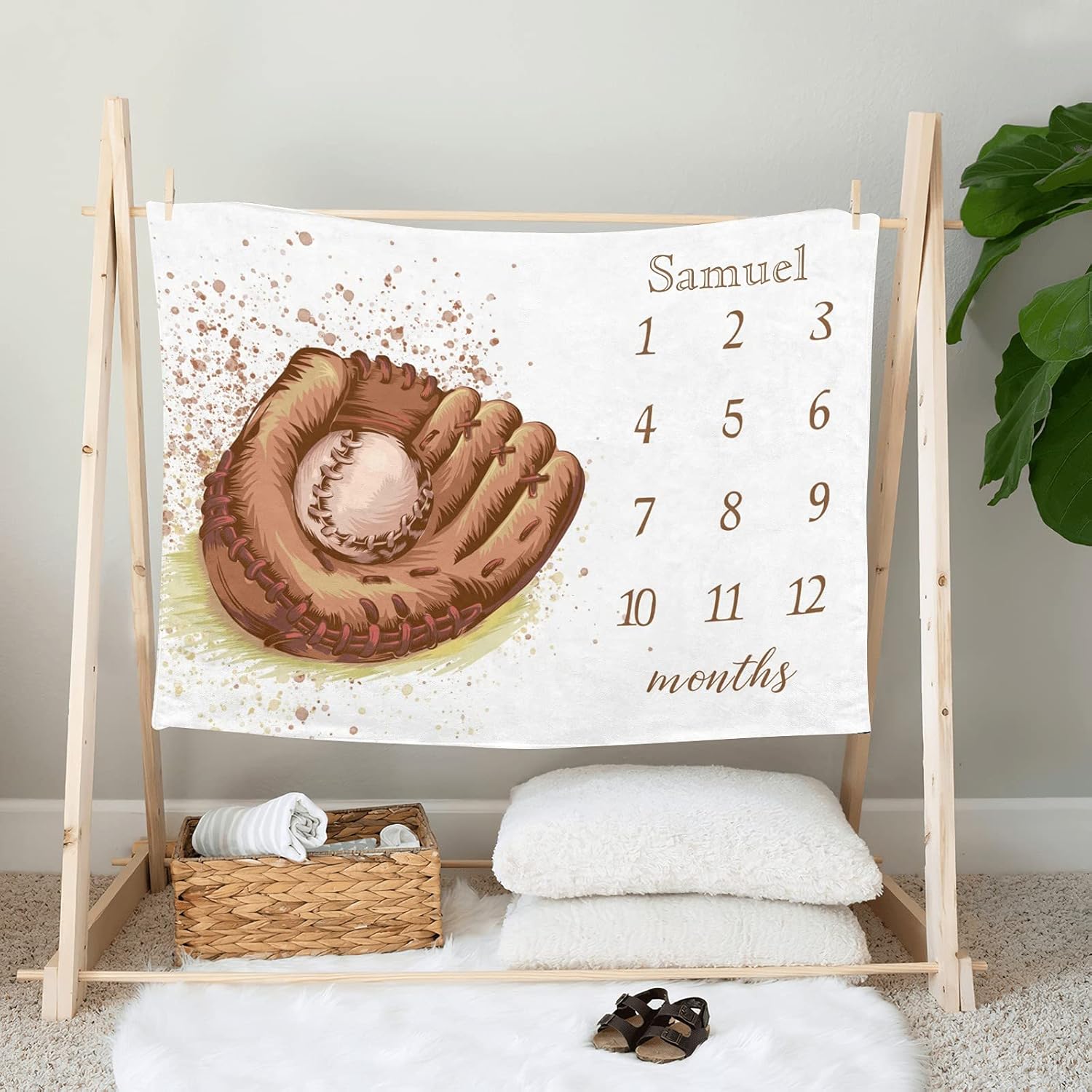 Watercolor Baseball Monthly Milestone Personalized Receiving Baby Blankets for Girls Boys Kids with Name,Customized Swaddle Blankets Gift for Newborn Crib Infants 30x40 Inches