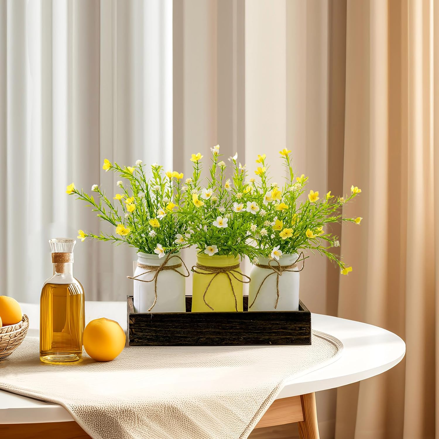 LUEUR 3PCS Artificial Daisy Flowers in Mason Jars with Wood Tray for Dining Table Coffee Table Farmhouse Home Decor Centerpieces Spring Decor Perfect for Kitchen, Living Room, Bathroom (Yellow)