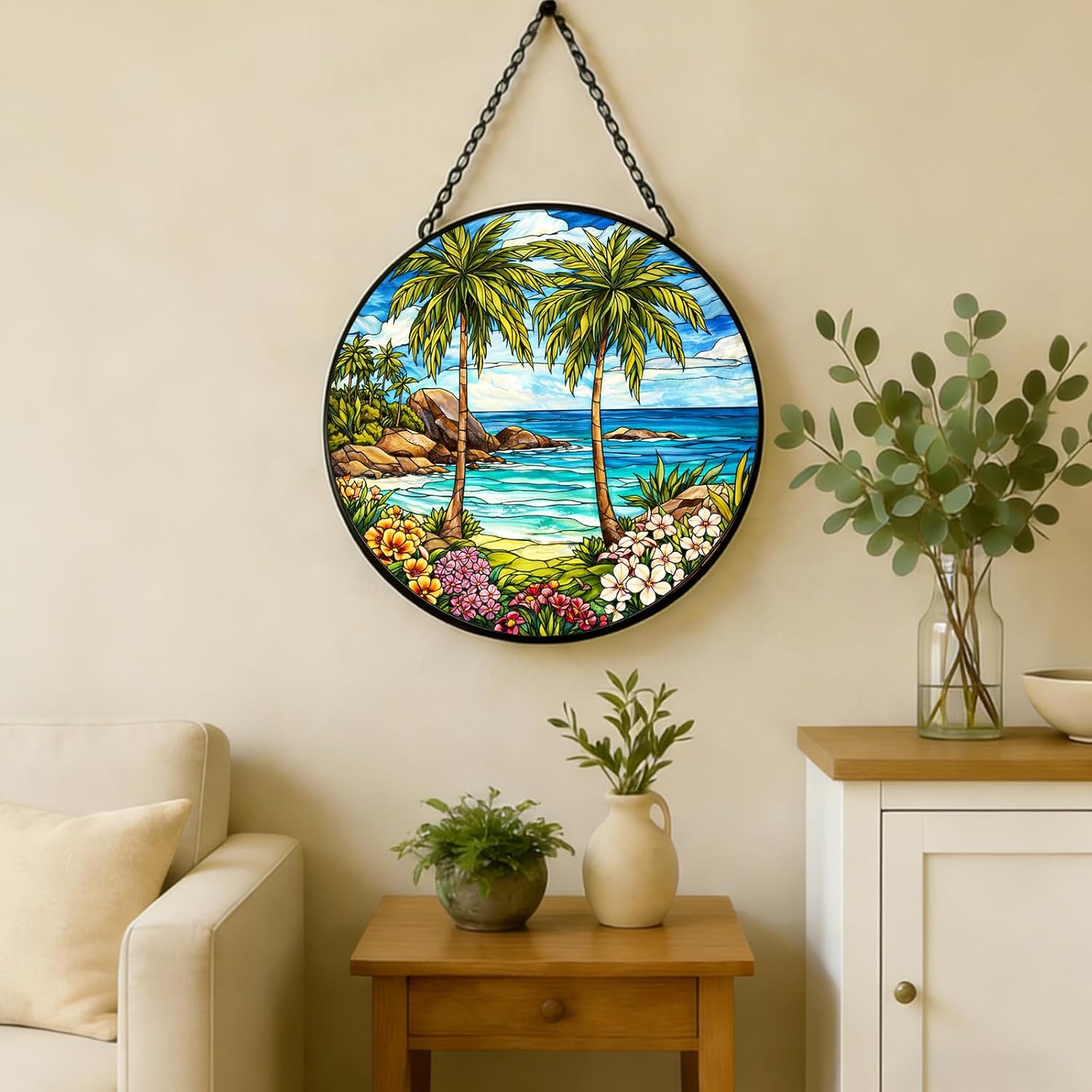 Stained Glass Window Hanging Suncatcher 11.8 in Tropical Beach Palm Trees and Flowers Colorful Glass Panel Sun Catcher for Window， Window Hanging Decor for Home， Housewarming Gift