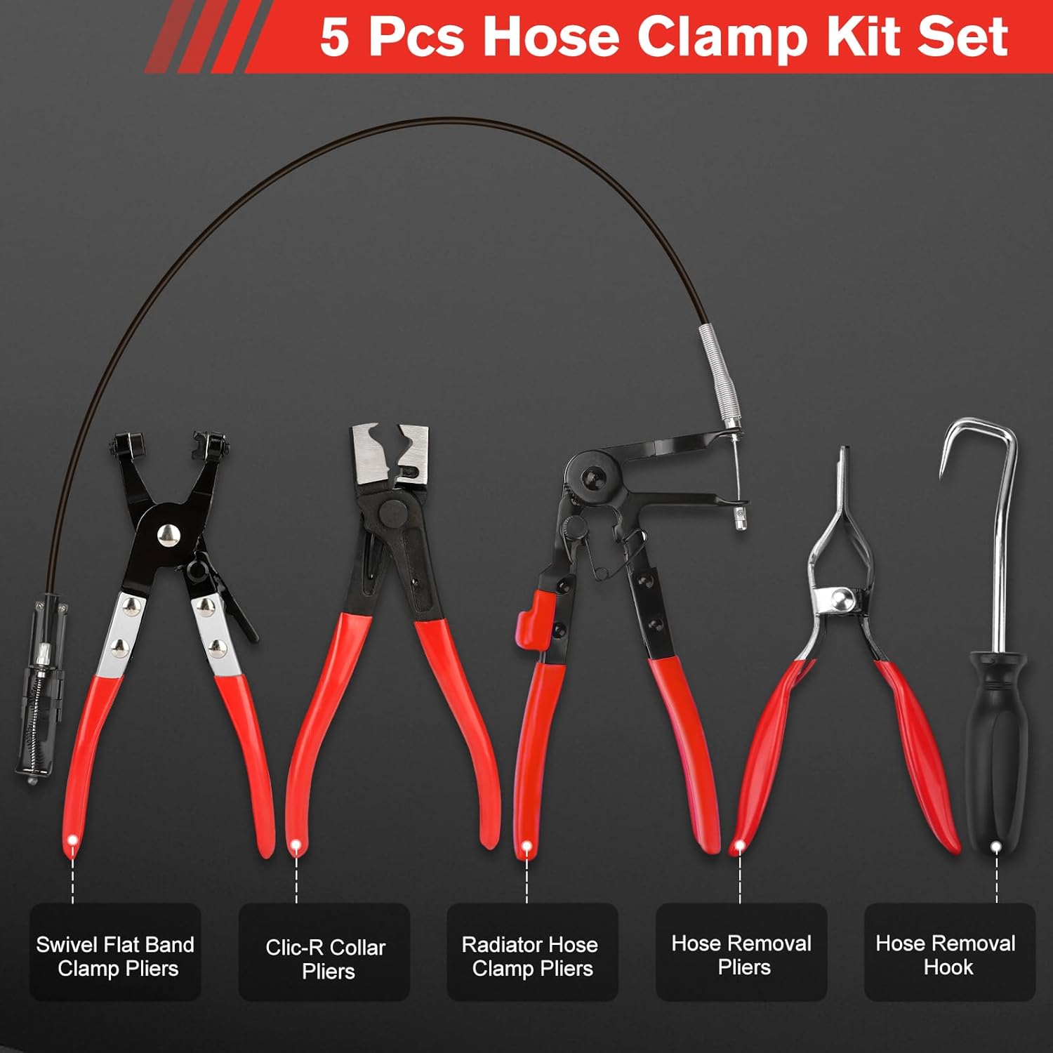 5pcs Hose Clamp Pliers，Wire Long Reach Hose Clamp Tool Set Fuel Oil Water Hose Auto Tools