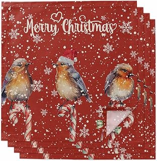 Cloth Napkins Set of 4,20x20 Inches Dinner Napkin,Christmas Watercolor Robins Bird Washable Soft Table Napkins,Reusable Cocktail Napkin for Wedding Holiday Party Hotel,Winter Snowflake on Red