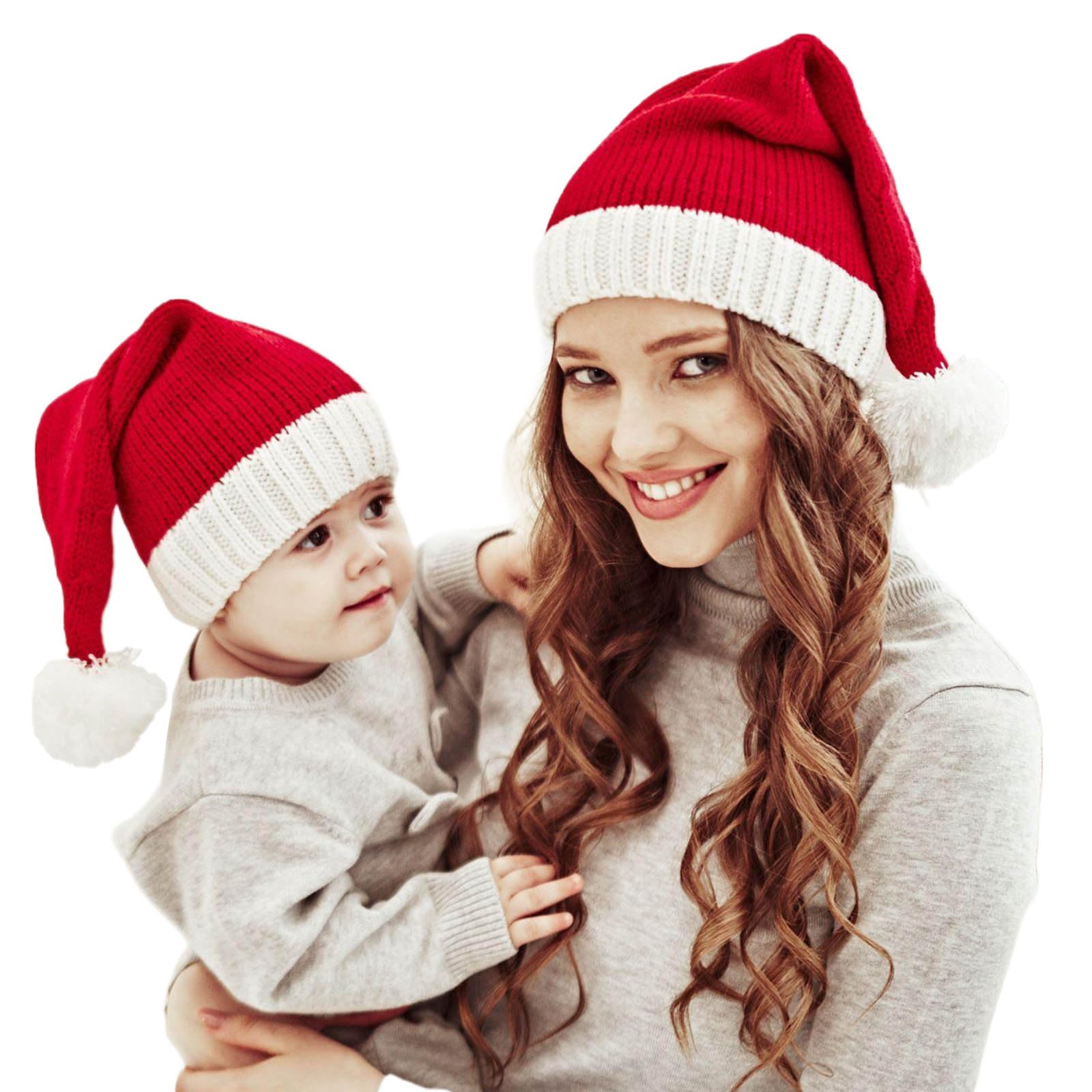 BIOECEUA Santa Hats Family, Parent Child Matching Christmas Knitted Pom Beanie, Winter Warmer Crochet Cap for Mother Baby