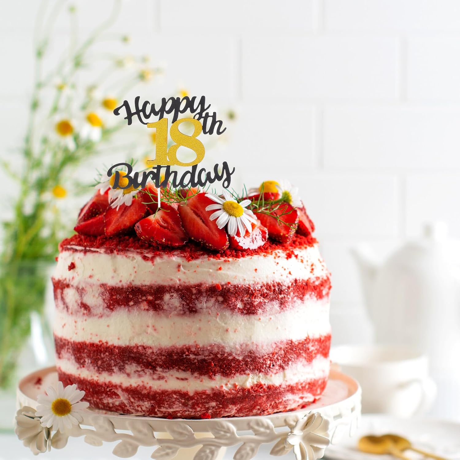 10pcs Happy Birthday Cake Topper with Black and Gold Glitter Number 18 Non-edible Birthday Cake Picks for 18th Party Decorations