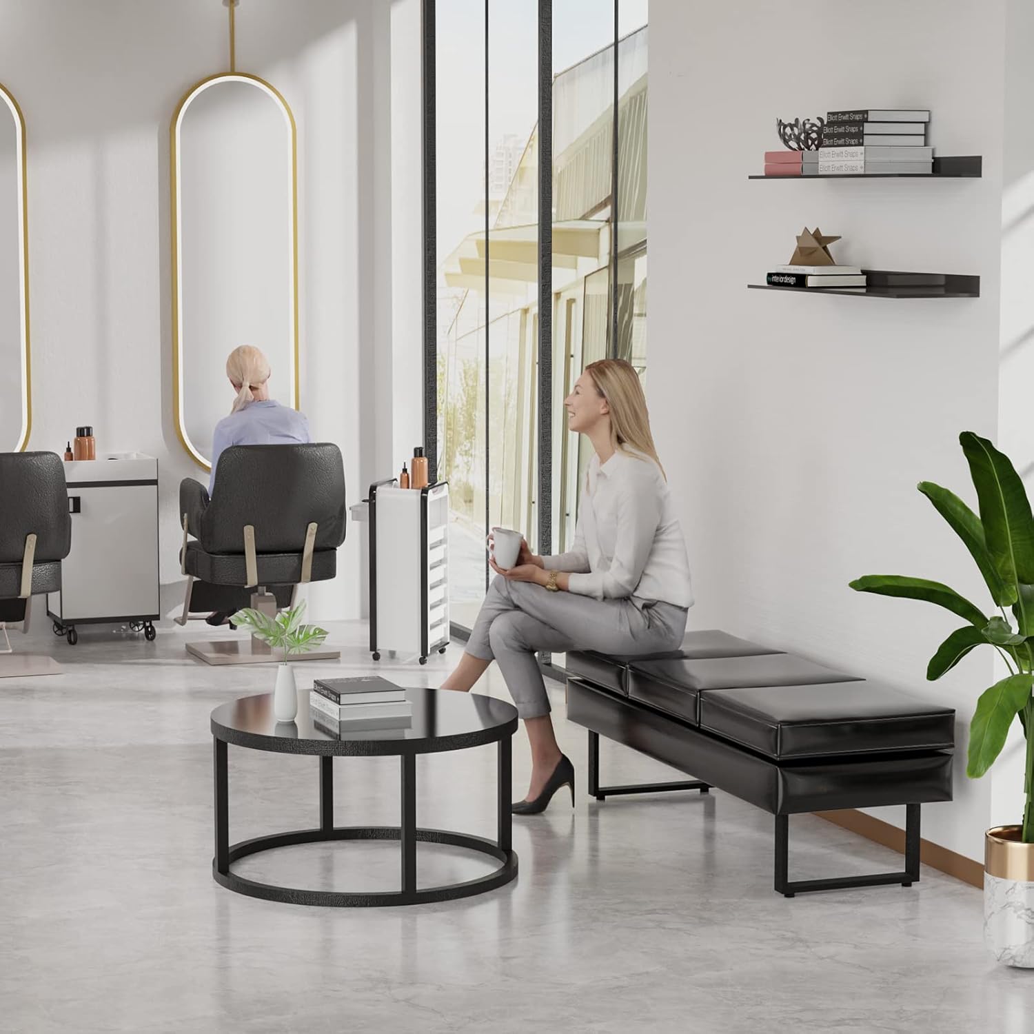 OmySalon Waiting Room Bench for Salon, 59.5'' Reception Bench Office Chair Seating，Faux Leather Guest Lobby Furniture Conference Room Chair for Beauty Barber Barbershop,Black