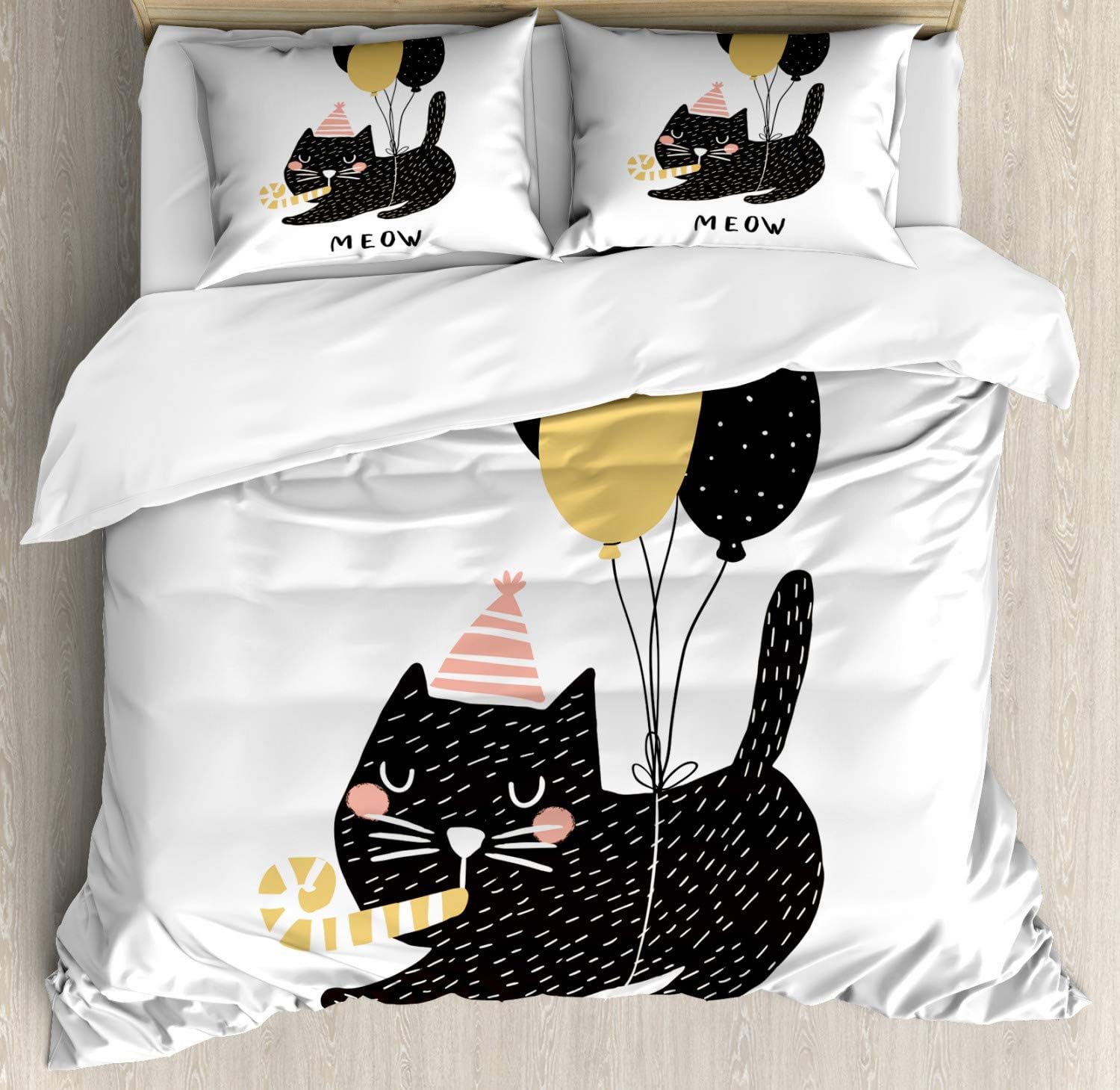 Ambesonne Cat Duvet Cover Set, Birthday Party Feline with Balloon and Hat Hand Drawn House Pet, Decorative 3 Piece Bedding Set with 2 Pillow Shams, Queen Size, Pale Brown Pale Pink