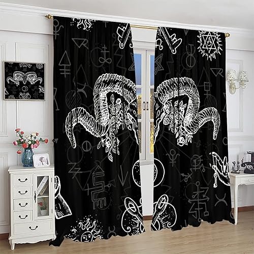 Vista 134 de Cortinas de cabeza de cabra, misteriosa cabeza de cabra malvada, calavera negra, bolsillo para barra, cortinas opacas para ventana, juego de 2