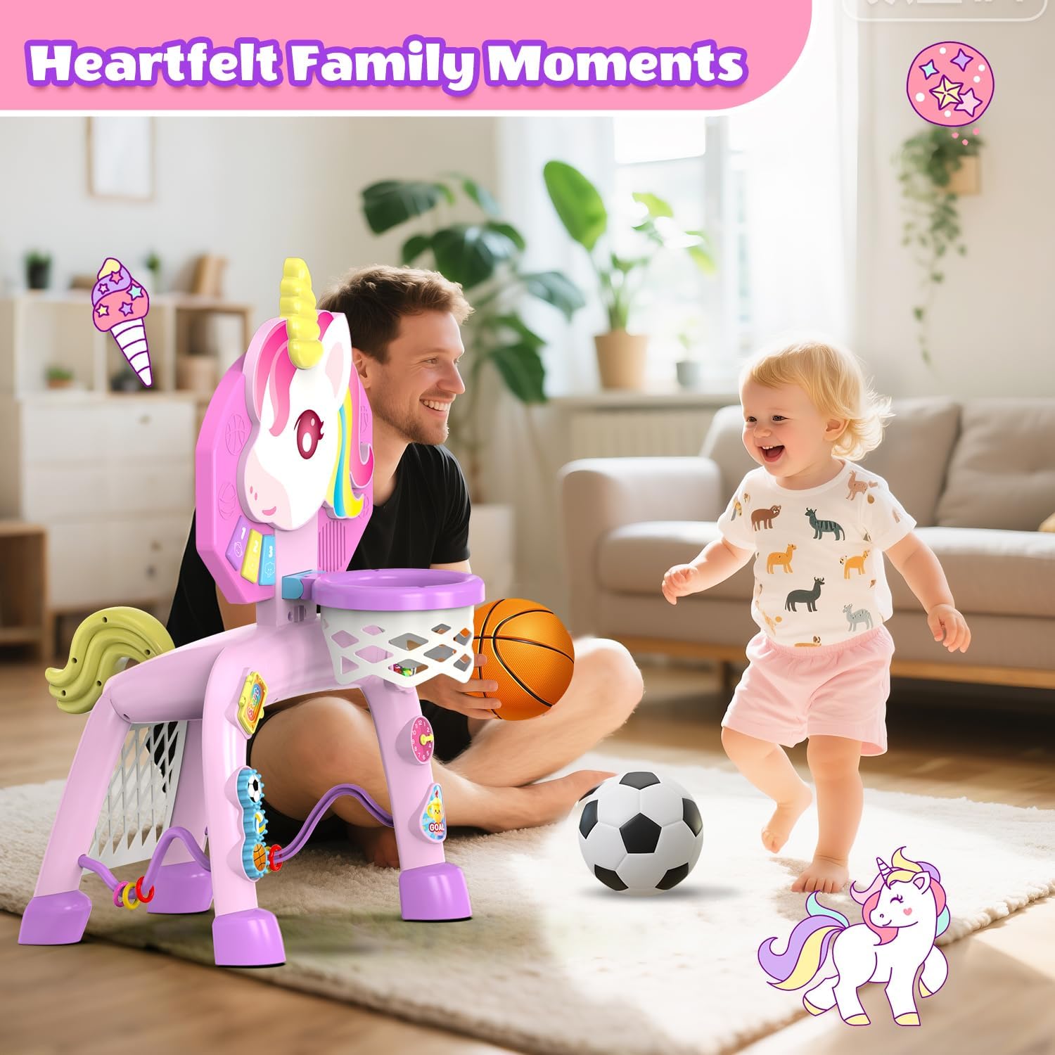 Toddler Basketball Hoop & Soccer Goal,Toys for 1 2 3 Year Old Girls, Baby Girl Sports Toy with LED Light Sound Music, Baby & Toddlers Unicorn Toys for 1-2-3 Year Old Girl Christmas Birthday Gifts