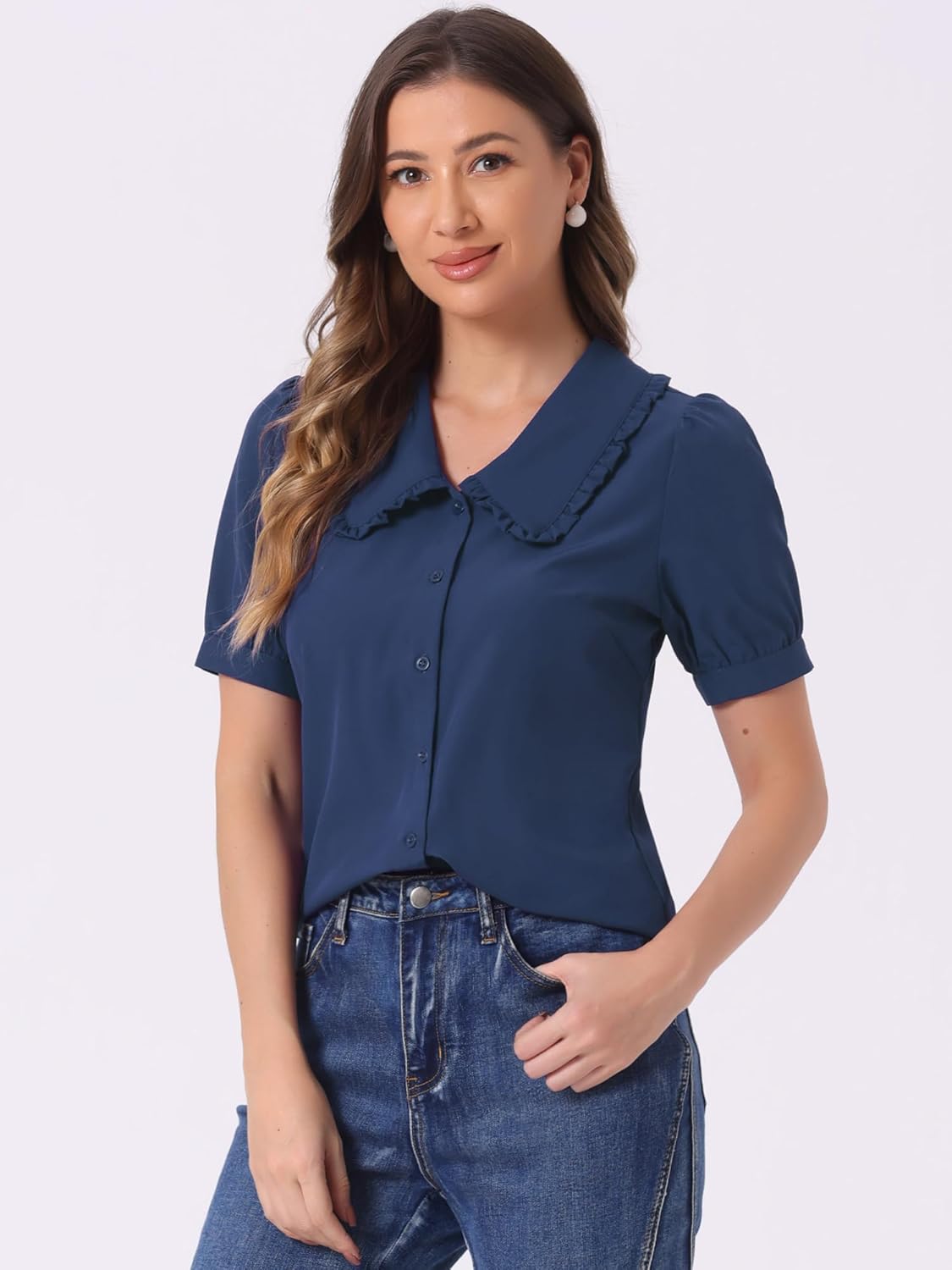 Allegra K Women's Peter Pan Collar Shirt Puff Short Sleeve Retro Vintage Blouse - Image 2