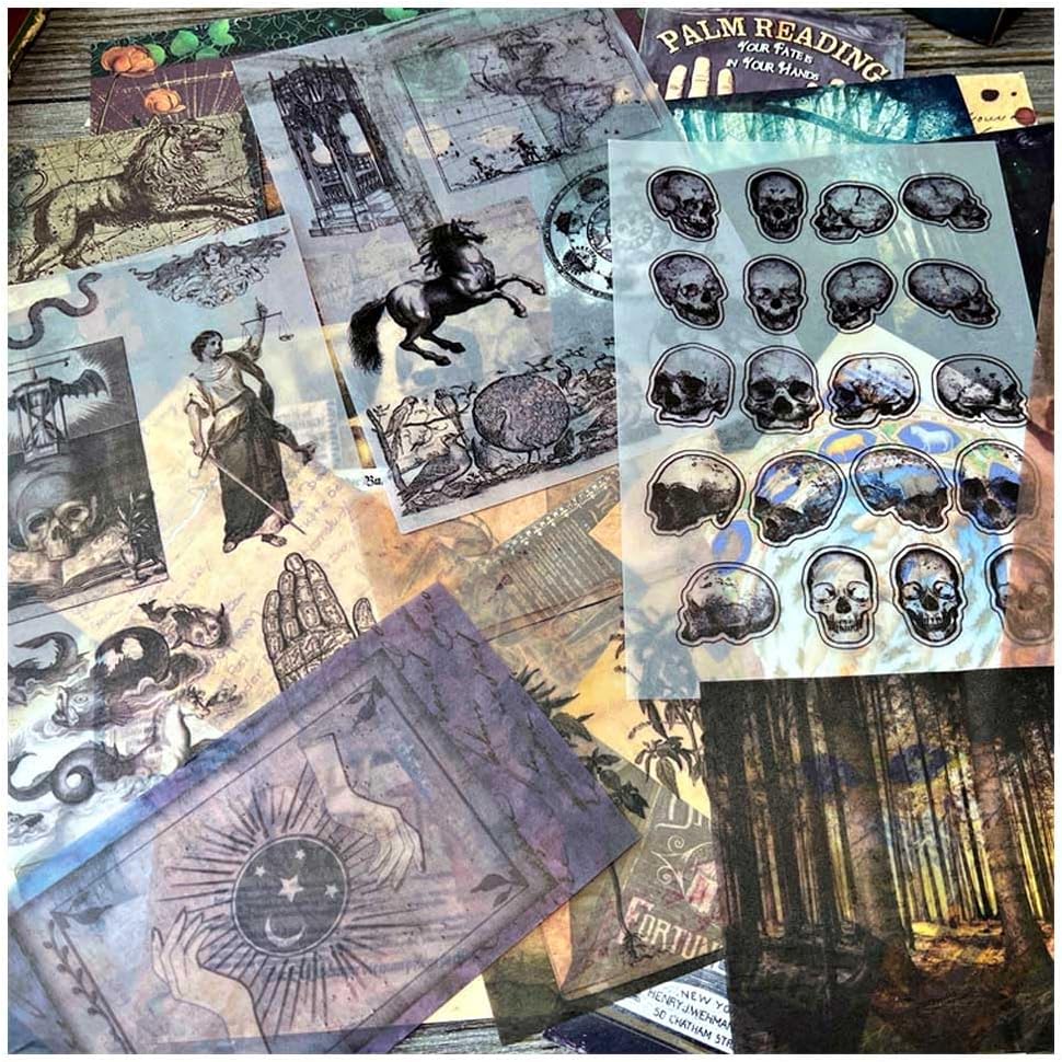 Dark Academia Junk Journal Supplies, Vintage Skull Decoupage Paper for Scrapbook Kit, 45pcs Astrology Ephemera for Junk Journals, Mushroom Plant Materials for Room Decor Wall Collage Kit