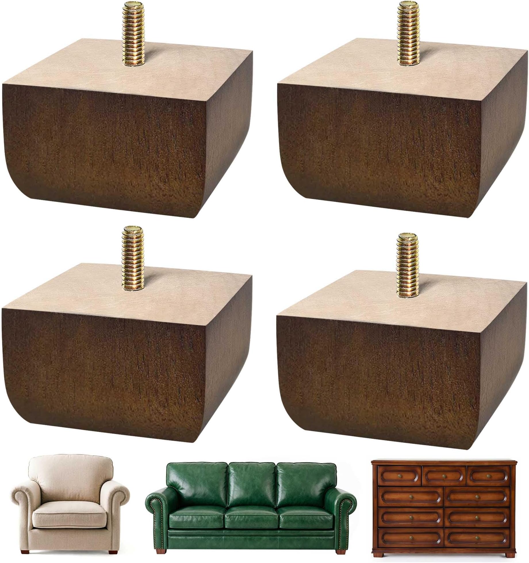 Sofa Legs Square Bed Feet 2 inch Wood Replacement Leg for Furniture Set of 4, Dark Brown