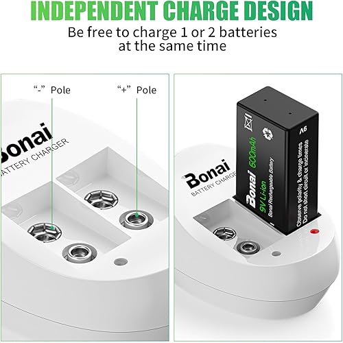 Miniatura 5 de BONAI Baterías recargables de iones de litio de 9 V (paquete de 4) y cargador de batería inteligente de 9 V para detectores de humo, alarmas,