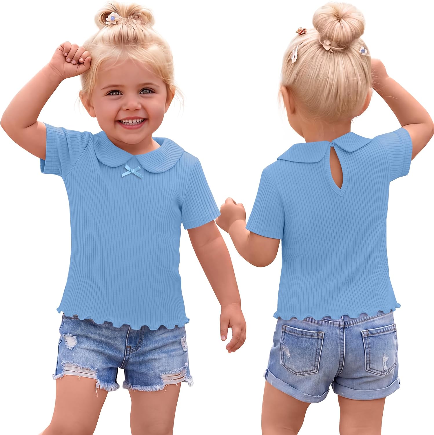 Toddler Girls Short Sleeve Shirts Baby Ribbed Doll Collar Tops Blouses Lettuce Trim Cute Basic Tees 18M-5T