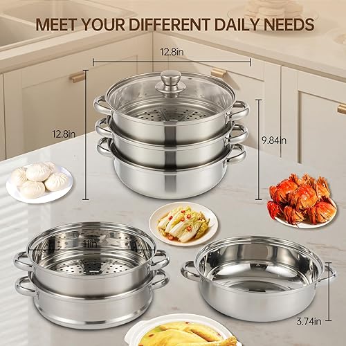Miniatura 7 de Olla de vapor de acero inoxidable de 3 niveles con tapa, ollas de vapor multiusos para cocinar, juego de vapor de verduras y albóndigas con asas