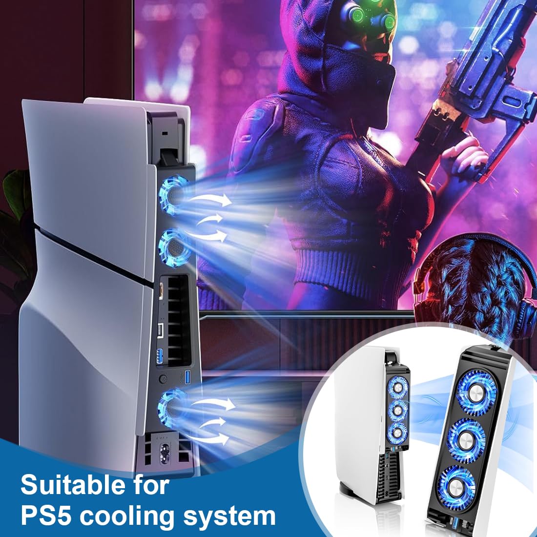 NHQZ Accessori di Raffreddamento per PS5, Ventola di Raffreddamento con LED, Controllo Automatico della Velocità e Hub USB 3.0 per Dischi PS5 ed Edizione Digitale