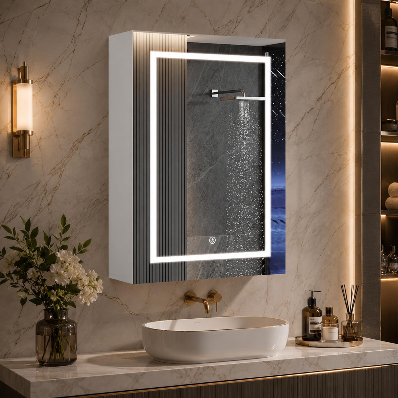 Szafka łazienkowa z lustrem i półką, z oświetleniem LED, 50 x 70 cm, 3 temperatury barwowe z możliwością ściemniania, przełącznik czujnika (biała, 50 x 70 cm)