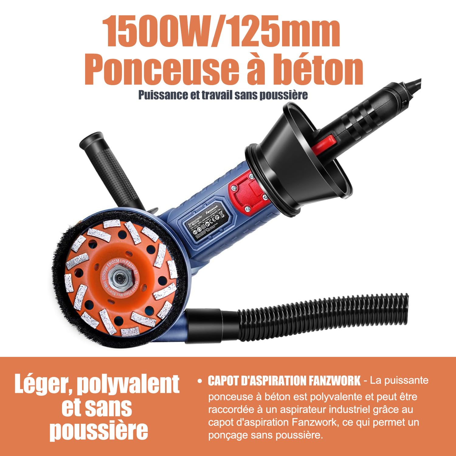 FANZWORK Ponceuse à béton, 1500 W, Vitesse de Rotation Réglable, avec Meule Diamantée de Qualité Supérieure de 125 mm, Capot d'aspiration, Poignée en forme de T (avec 2 meules de 125 mm)