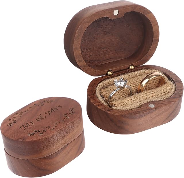 ZTING Mr & Mrs Brown Wedding Ring Box with Magnetic Retro Wood Ring Bearer Rustic Wooden Vintage Ring Holder Walnut Jewelry Storage Box Gift Holder for Proposal Wedding Engagement Birthday-Oval