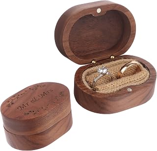 Mr & Mrs Brown Wedding Ring Box with Magnetic Retro Wood Ring Bearer Rustic Wooden Vintage Ring Holder Walnut Jewelry Storage Box Gift Holder for Proposal Wedding Engagement Birthday-Heart (Oval)