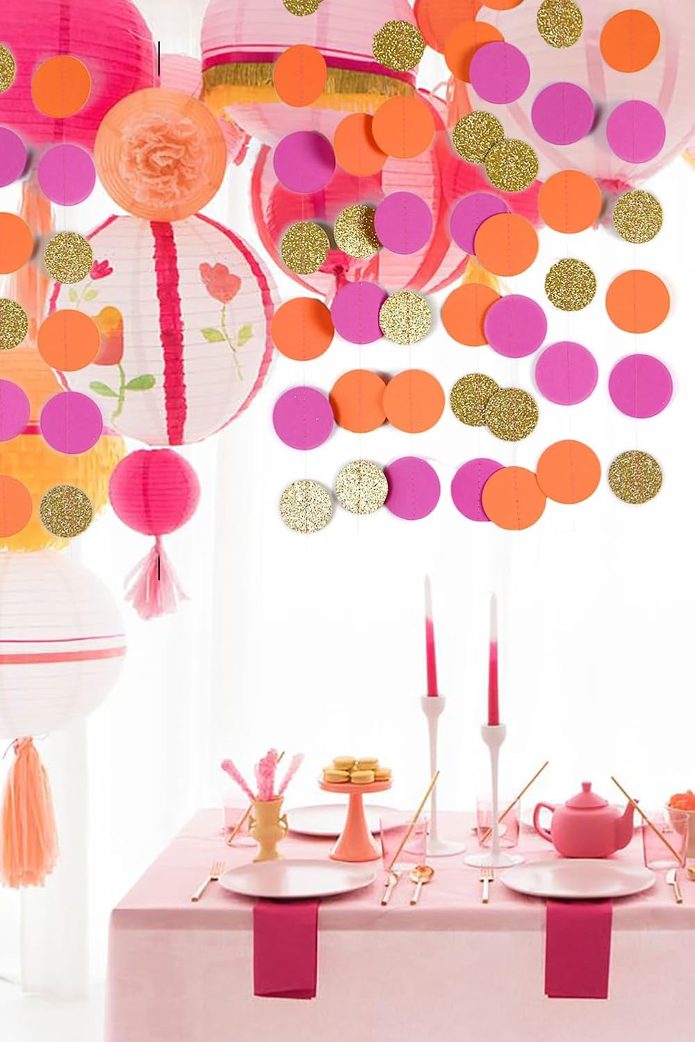 Hot Pink-Orange Gold Party-Streamers Circle-Dots Garland - Hanging Party Banner Backdrop for Girl Baby Shower Wedding Birthday Bridal Shower Graduation Classroom Nursery Decor image 4 of 4 B0DCN5HBL7