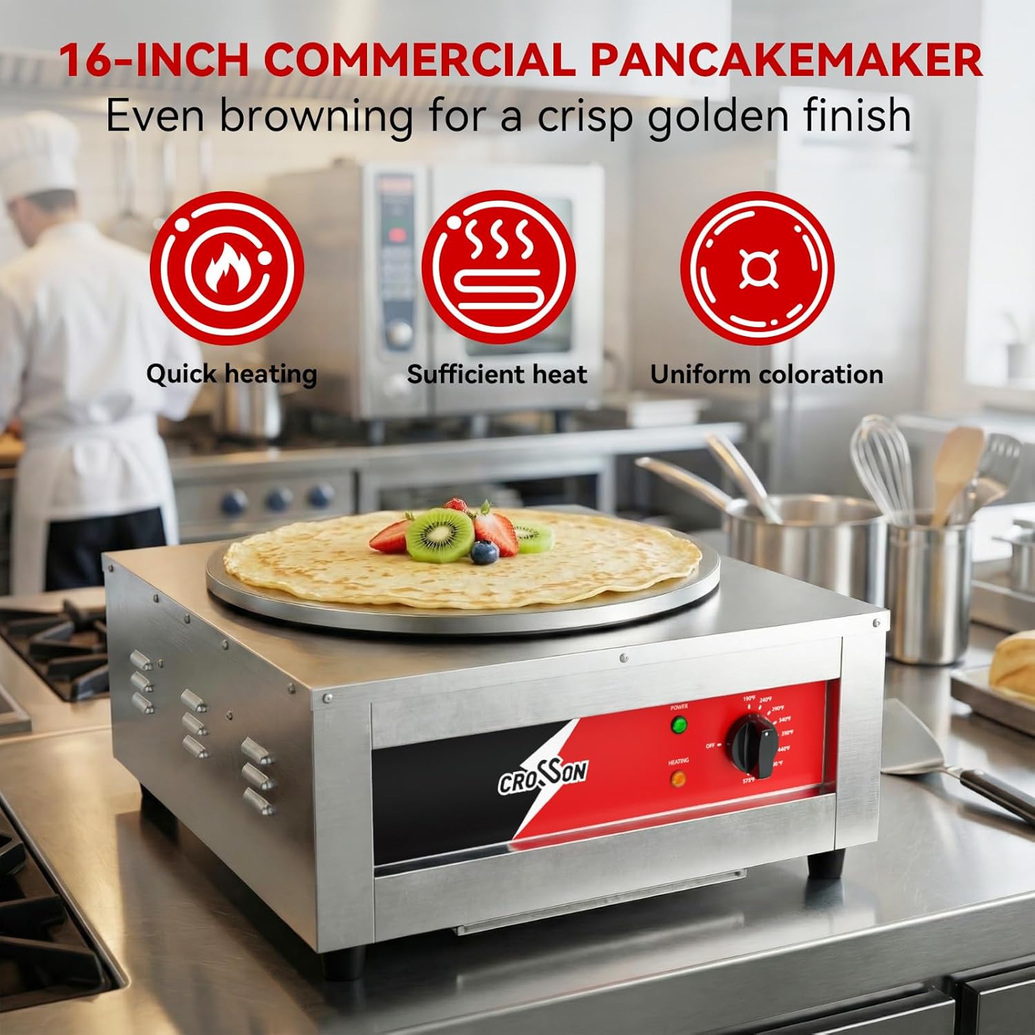 CROSSON Commercial Electric Crepe Maker, 16-Inch Large Cooking Plate 1800W ETL Certified, Stainless Steel Pancake Griddle with Accessories Storage & Metal Spatula/Spreader