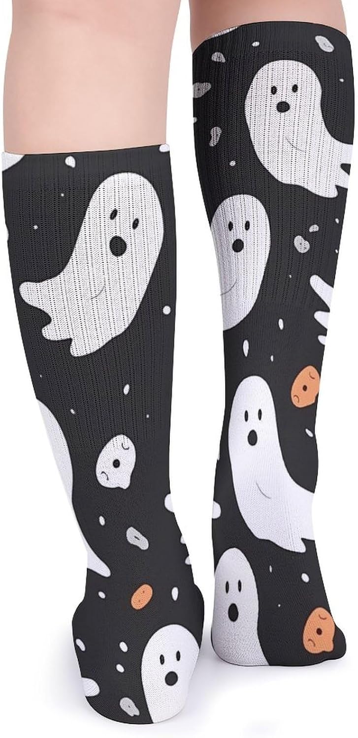 5-Pack Knee High Socks, 15.7 Inch Breathable Casual Socks Cute Ghost Halloween Pattern Stockings for Men Women