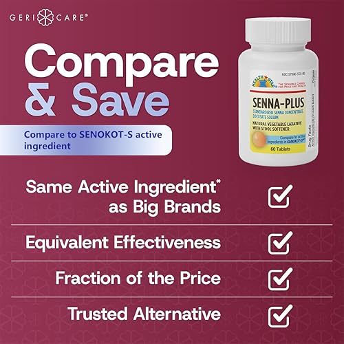 Vista 16 de GeriCare Senna Plus - Tabletas laxantes, 50 mg / 8,6 mg de fuerza Docusate Sodium / Sennosides (1000 tabletas)