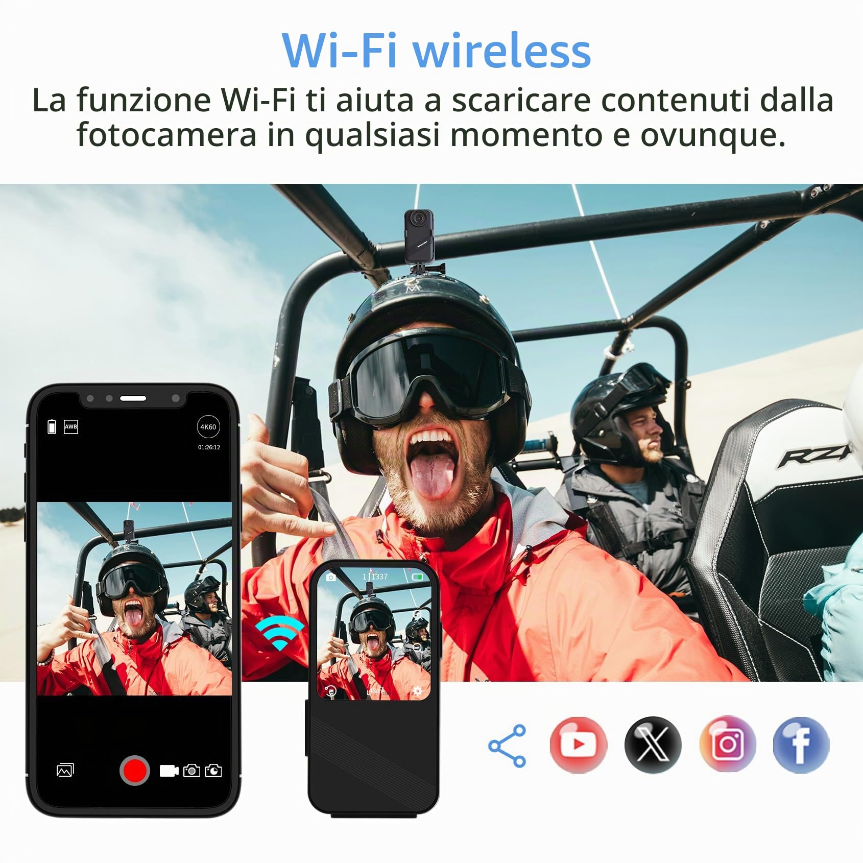 Apexcam K20 Touchscreen Action Cam 4K60FPS 48MP Ultra HD WiFi 8X Zoom EIS Fotocamera sportiva subacquea 20m impermeabile con 64GB Card 2.4G Telecomando 2x1350mAh Batterie