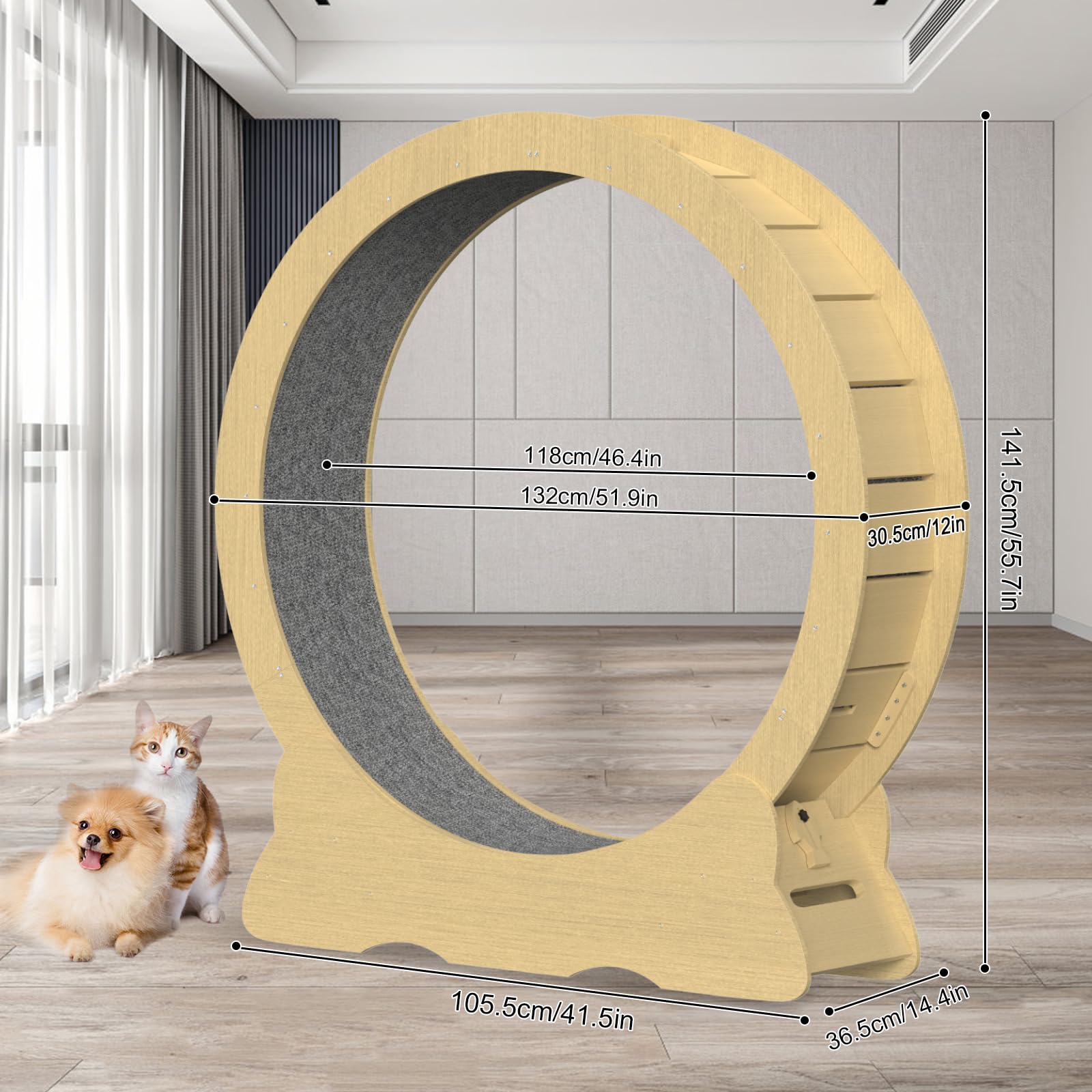 Tapis Roulant per Gatti, 132cm Ruota da Corsa per Gatti in Legno, Ruota per Esercizi per gati, Super Silenzioso, Tapis Giocattolo per gati in Casa (Naturale, XXL)