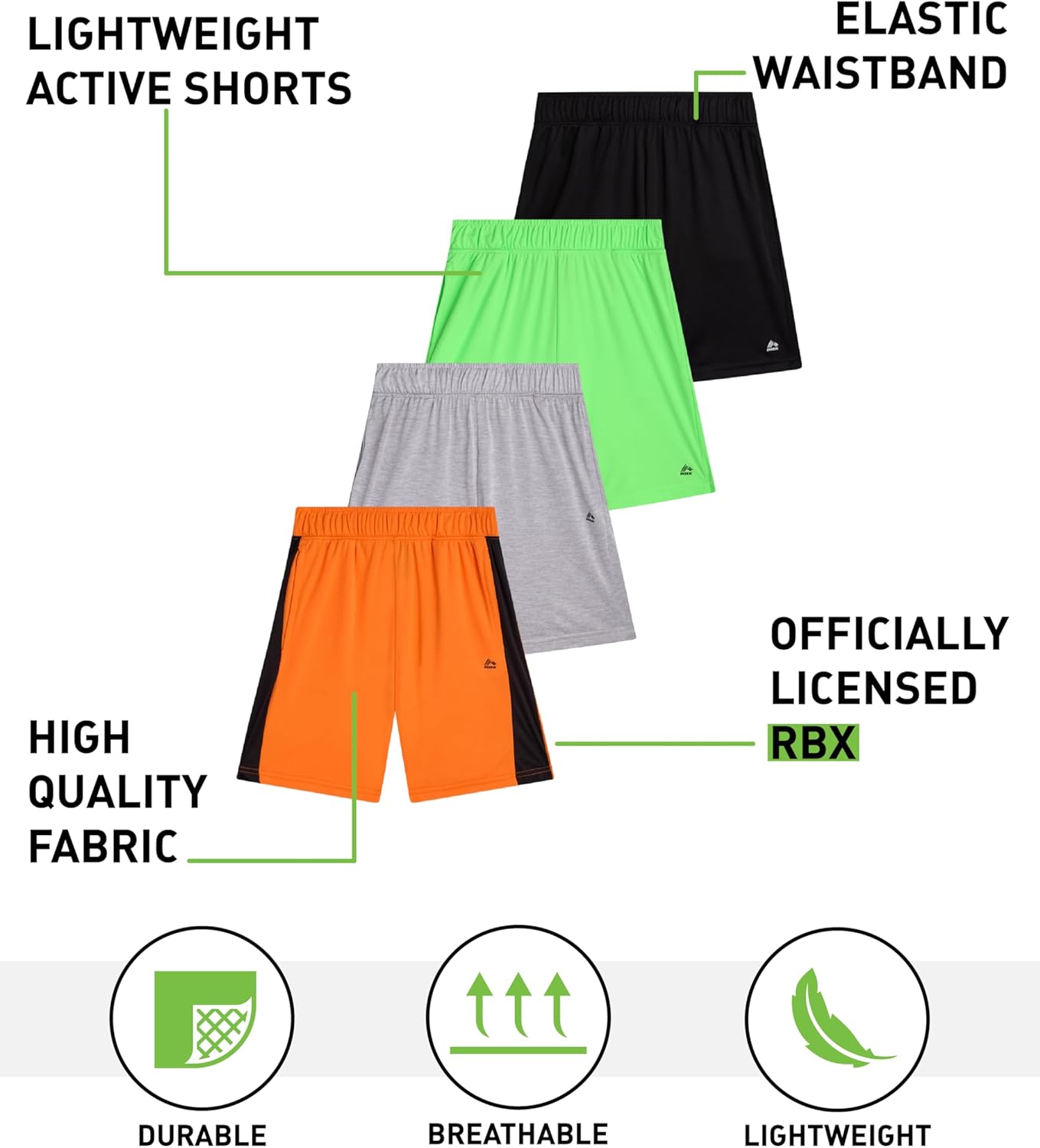 RBX Boys Athletic Shorts - 4 Pack Performance Fleece Mesh Boys Shorts for Running, Gym, Basketball and Sports (Sizes: 8-16) - Image 2