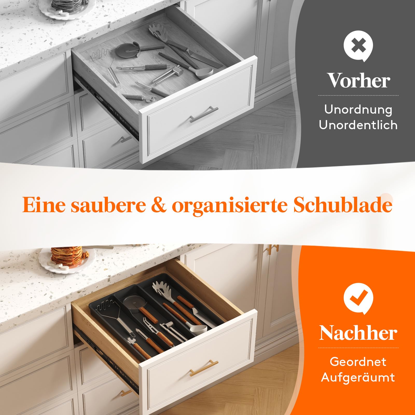 Lifewit Besteckkasten für Schubladen, Küchenutensilienhalter erweiterbar auf 36,5 cm, Schmale Schubladen Organizer Küche Tiefe 40 cm, Kunststoff Utensilienständer für Spatel/Messer/Löffel, Schwarz