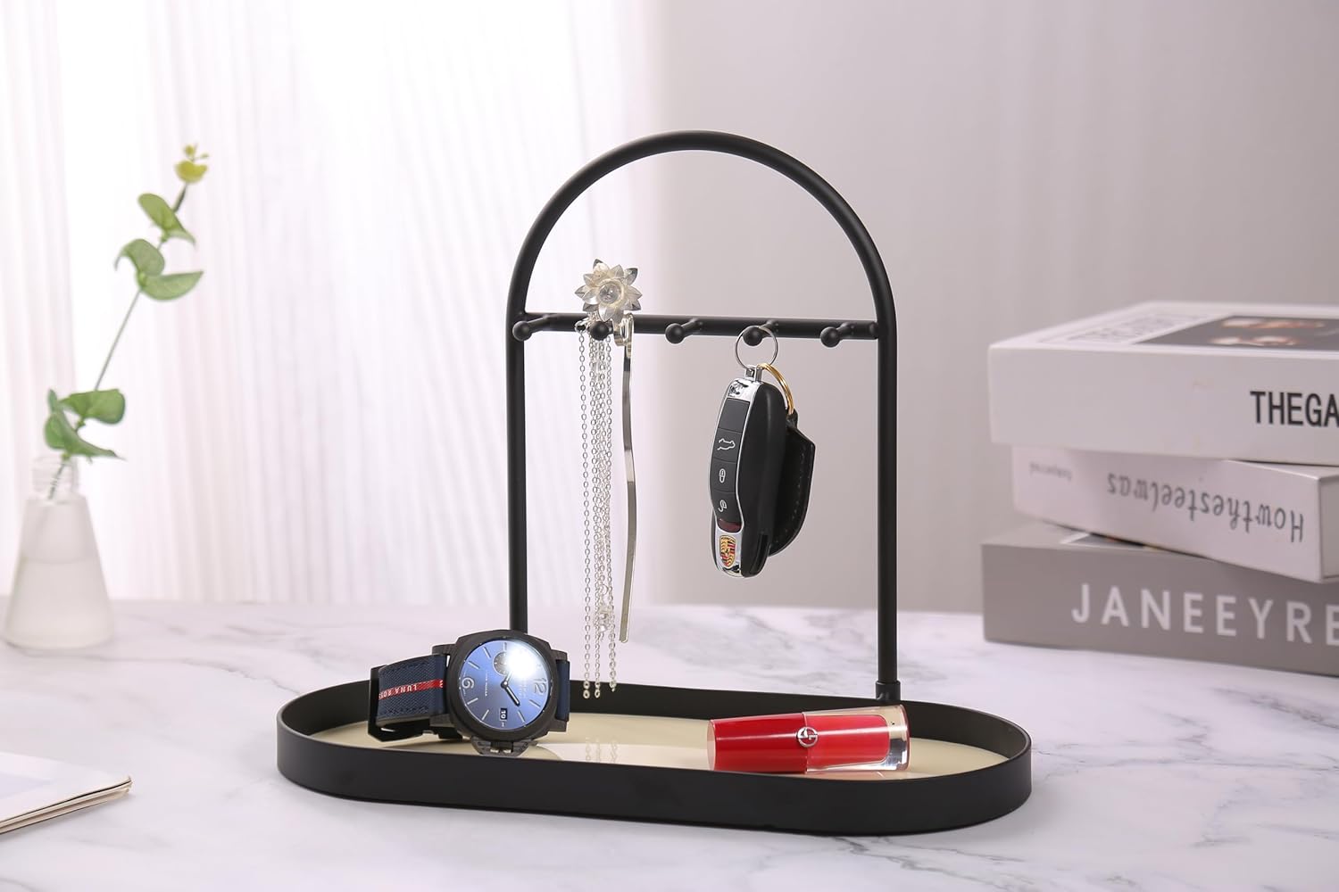 Shinpuru Metal Jewelry Organizer Stand & Key Holder Tray with Acrylic Base, Key Stand and Jewelry Tray with 5 Hooks, Perfect Key Bowl, Valet Tray, Ring Holder, Jewelry Dish (Matt Creamy)