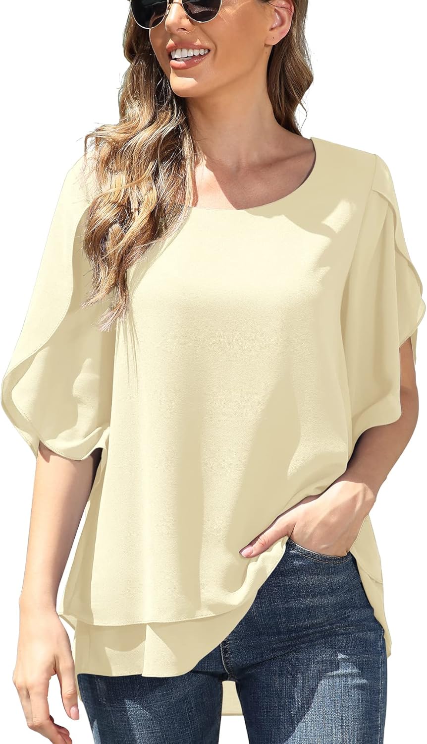 Jouica Women's Fall 3/4 Sleeve Tops Lined Flowy Chiffon Blouse Scoop Neck Shirt for Women - Image 4