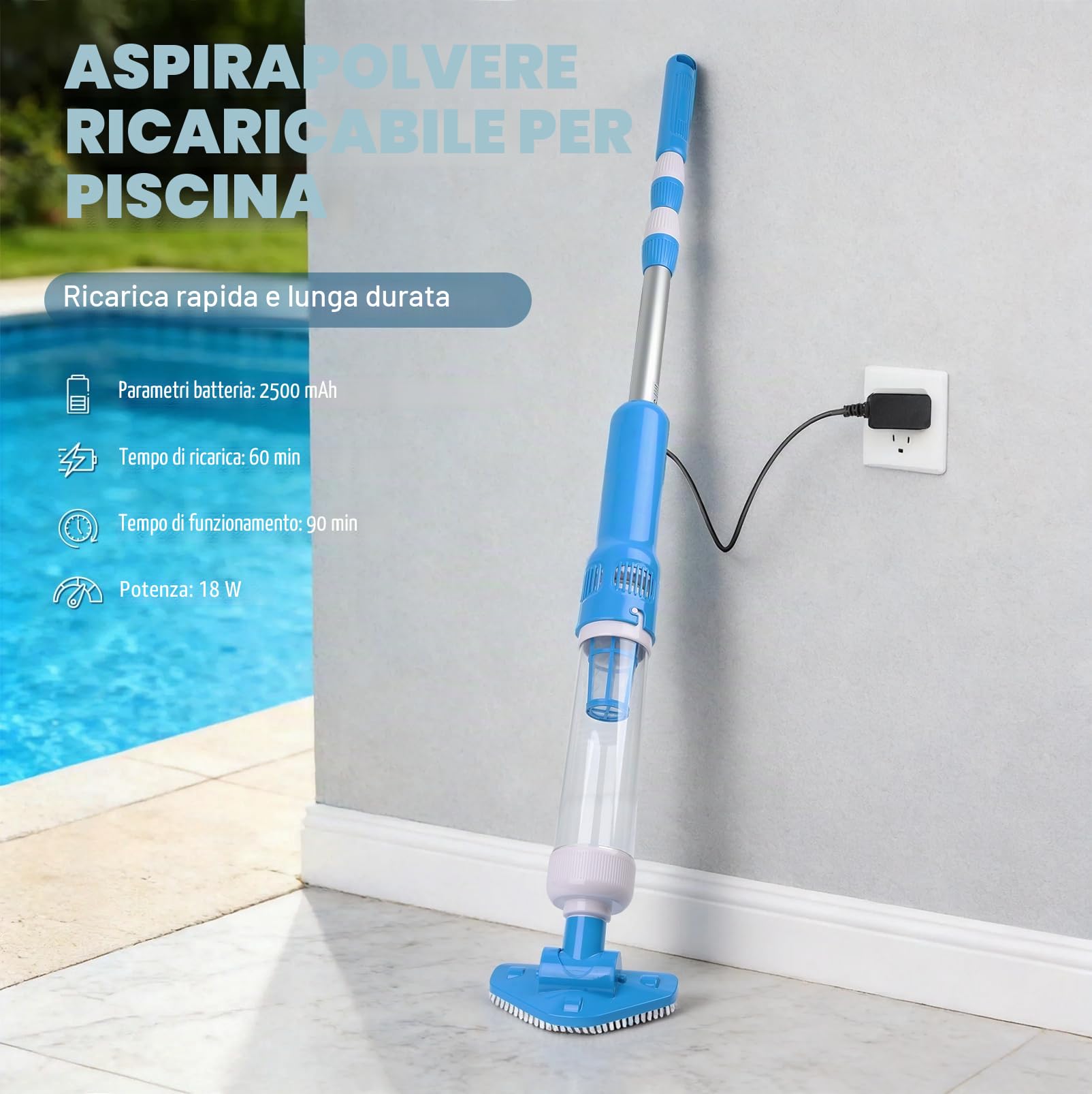 Aspirapolvere per Piscina Senza Fili con Batteria 3 in 1 | aspiratore per piscina senza fili, Asta Telescopica, Durata fino a 90 Minuti, Ricaricabile, Con Filtro per Vasche