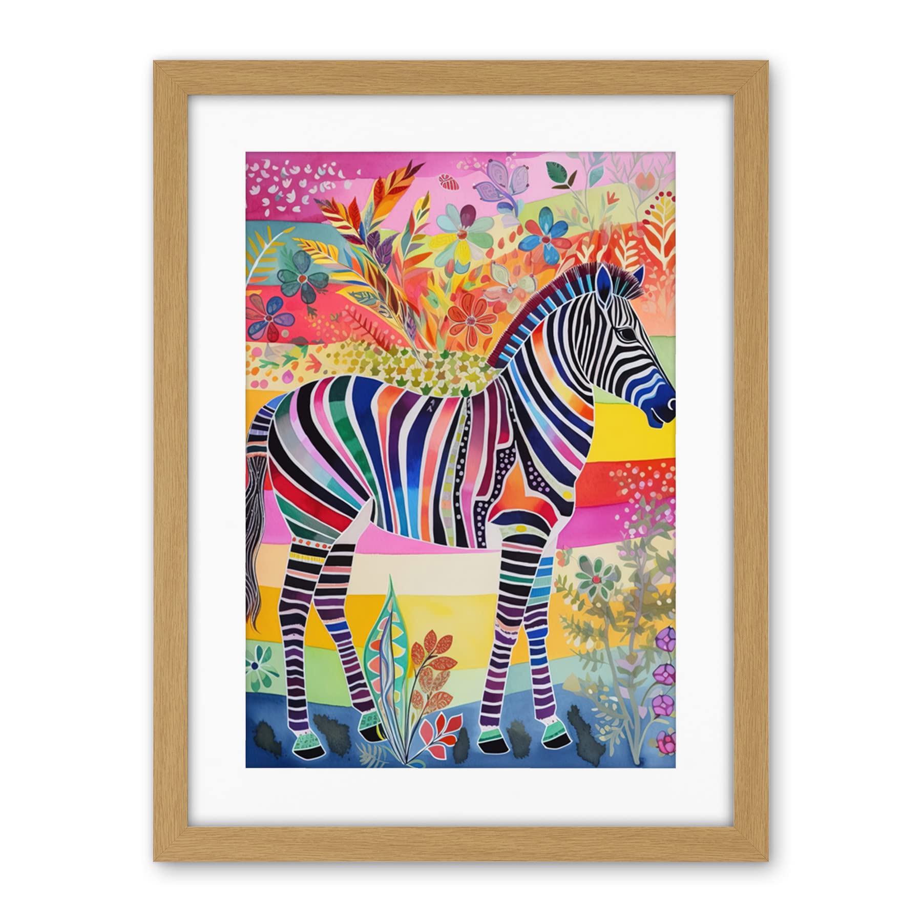 Artery8 Zebra Rainbow Floral Abstract Folk Art Artwork Framed Wall Art Print 18X24 Inch