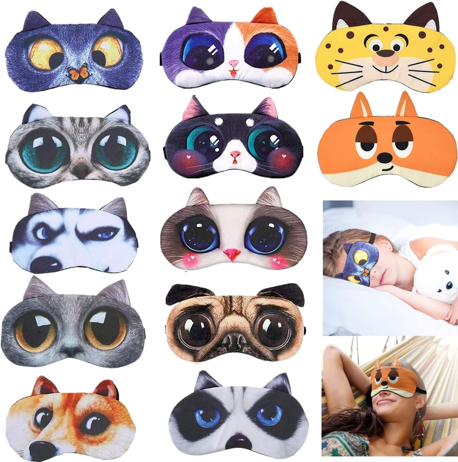 12 Pack Cute Animal Funny Sleep Eye Mask for Sleeping Cat Dog Soft Plush Blindfold Sleep Masks Eye Cover Eyeshade for Kids Girls Men Women Plane Travel Nap Night Sleeping