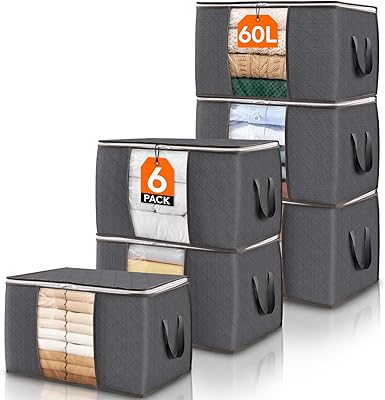 Lifewit 6 Pack 60L Clothes Storage Bins with Lids, Foldable Blanket Storage Bags with Zippers, Clear Window and Reinforced Handles, Closet and Organization for Clothing, Sweater, Comforter, Bedding