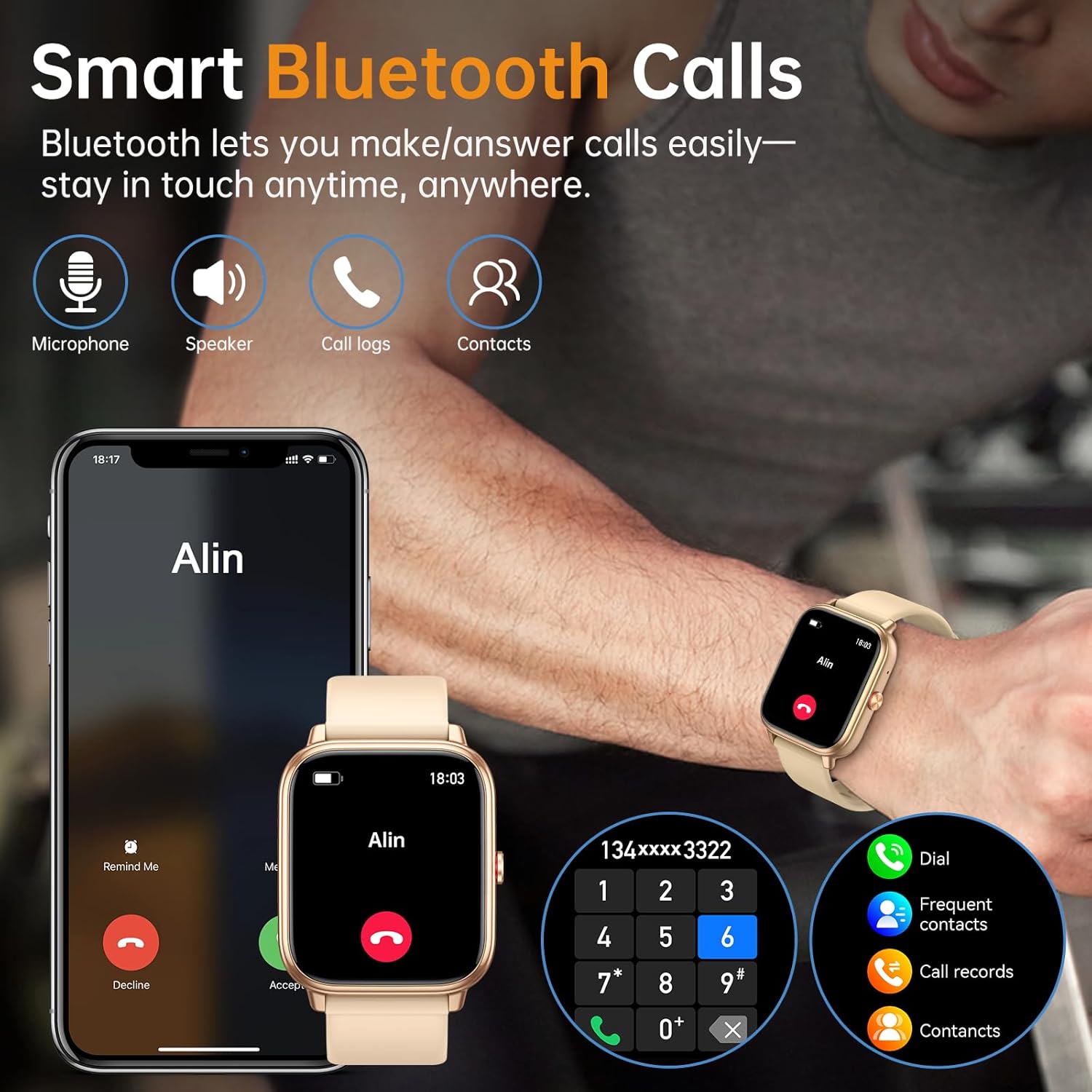 Smart Watch for Men Women, Fitness Tracker (Answer/Make Call), 1000 mAh Battery, 120+ Sport Modes, Step Counter/Sleep Monitor Fitness Watch, Smartwatch for Android/iPhone (Gold)