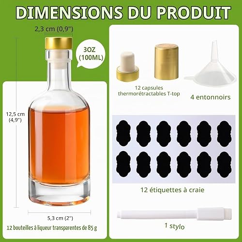 YBCPACK Lot de 12 Bouteilles en Verre 100 ml avec Bouchons et Capsules Thermorétractables – Kit Complet pour Spiritueux Maison, Jus, Huiles Aromatisées et Cadeaux DIY - 2